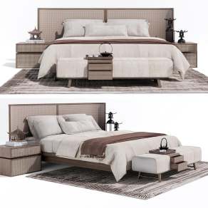 新中式双人床3D模型下载